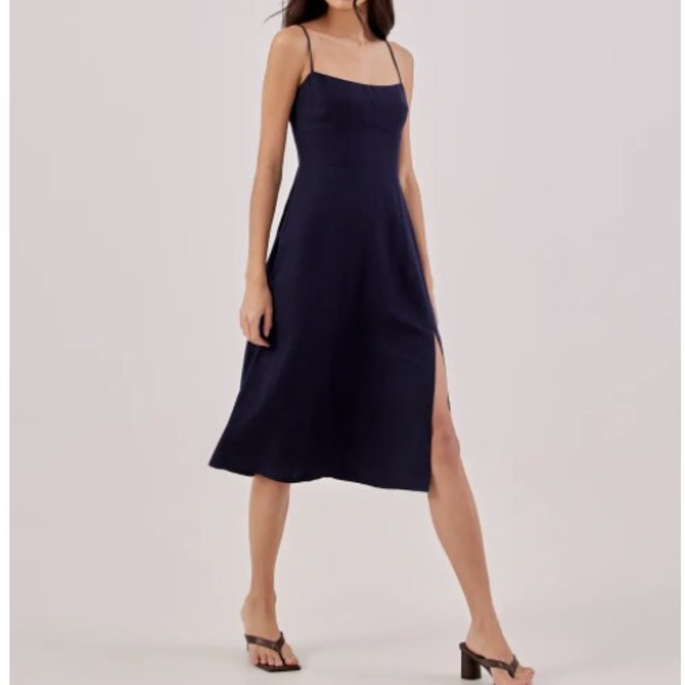 NWT Love Bonito Sianna Linen Bustier Smocked Dress Navy Blue / M